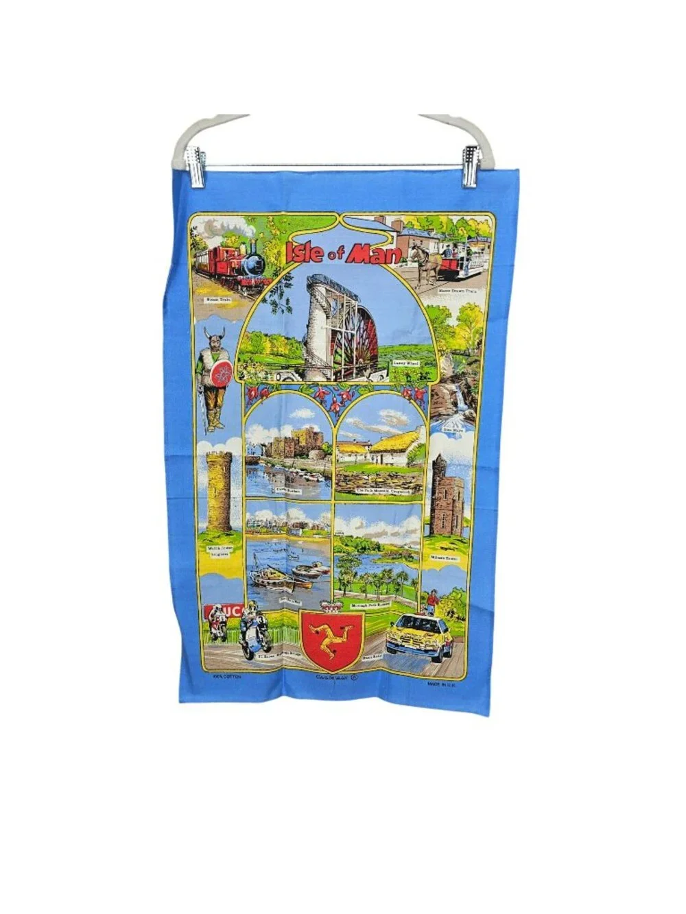 Vintage Isle Of Man Souvenir Tea Towel Featuring Landmarks Laxey Wheel Castle Ru